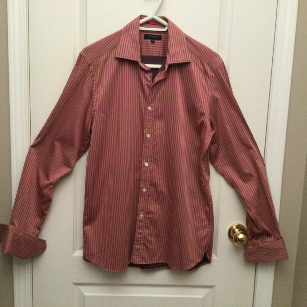 Ted Baker Red Beige Pin Stripe Long Sleeve French Cuff Shirt Medium